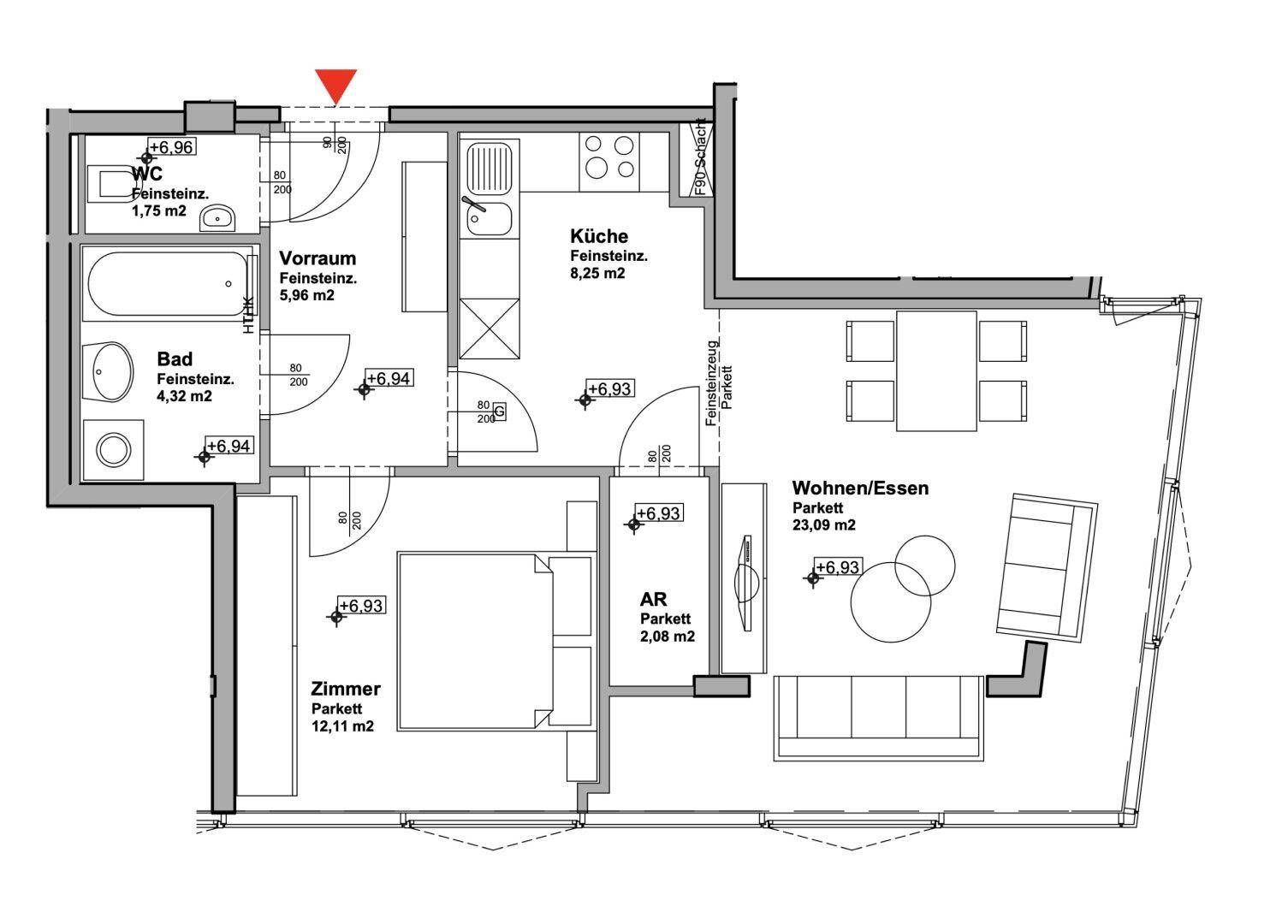 Grundriss einer Wohnung mit Wohn-/Essbereich, Küche, Schlafzimmer und zwei Bädern.