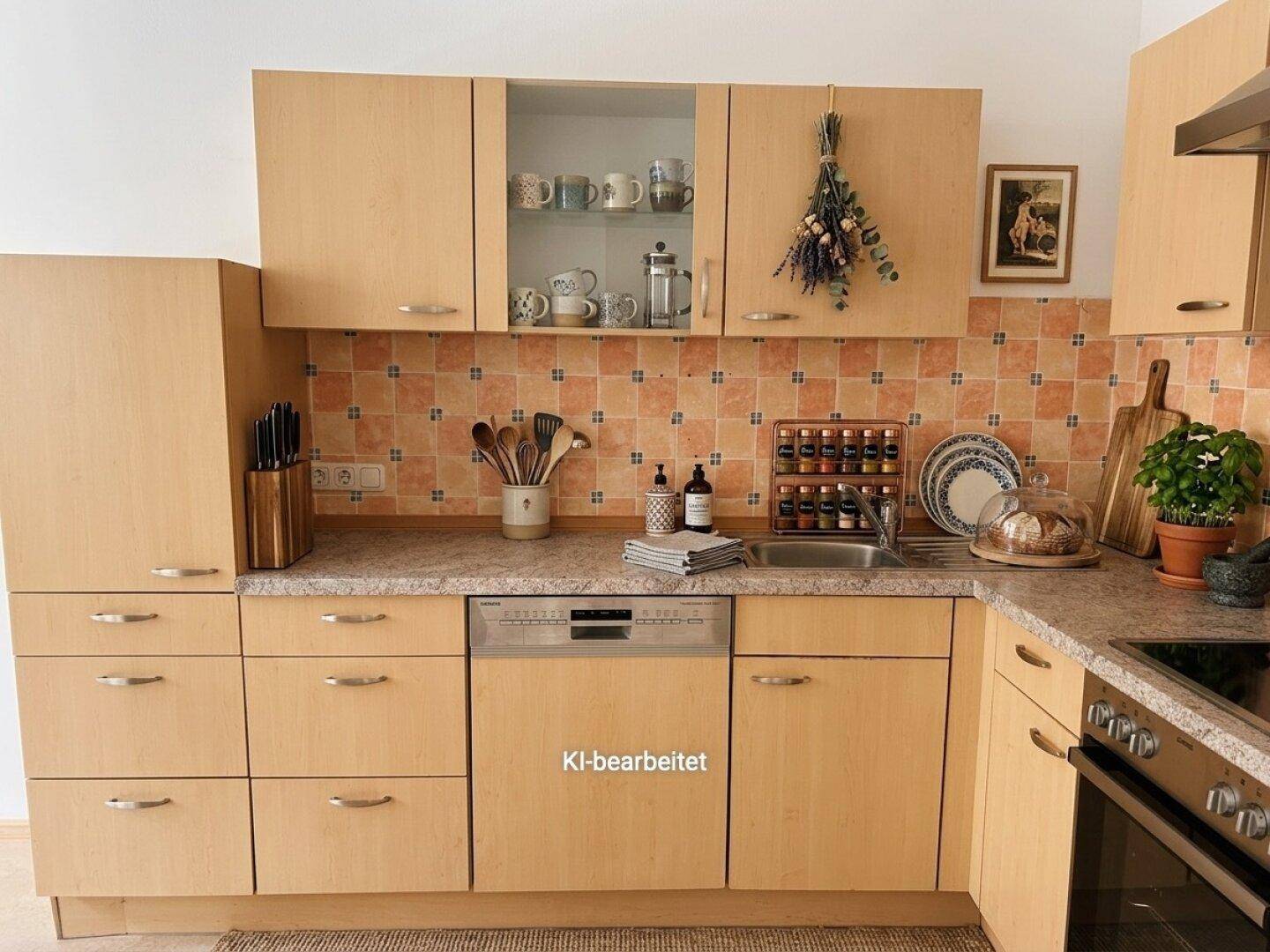Funktionale Küche mit hellen Holzschränken, gefliestem Spritzschutz und integriertem Geschirrspüler.