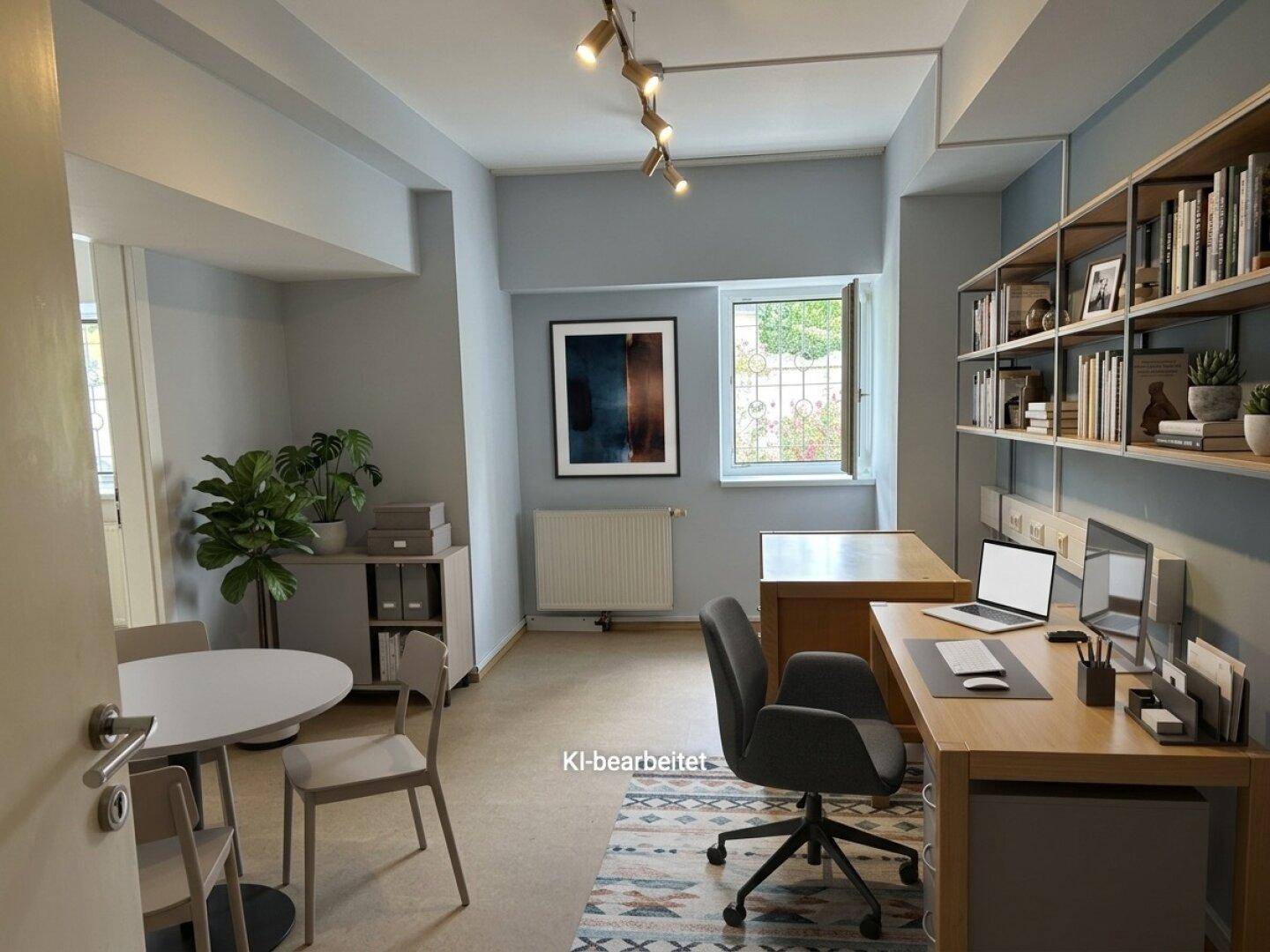 Modernes Arbeitszimmer mit großem Schreibtisch, Bücherregalen und einem kleinen Besprechungstisch.