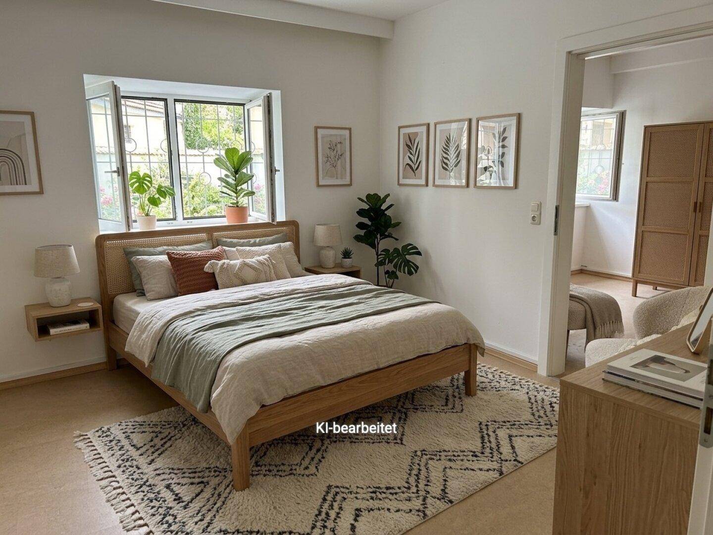 Helles Schlafzimmer mit modernem Holzbett, Nachttischen und einem großen Fenster mit Blick ins Grüne.