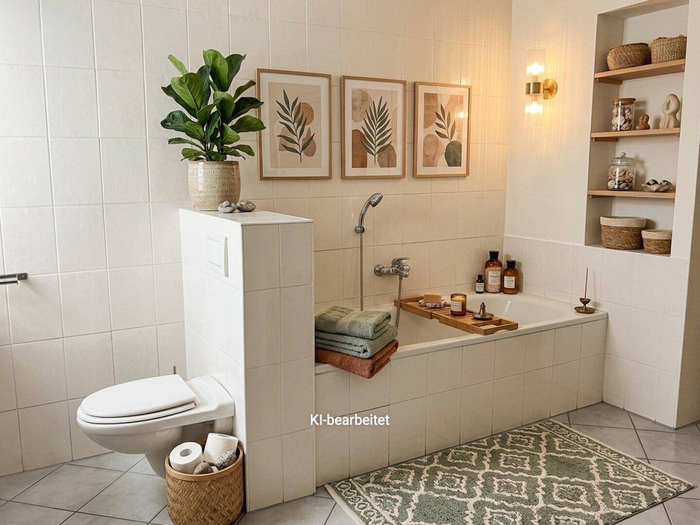 Badezimmer mit Badewanne, Toilette und hellen Fliesen, dekoriert mit Pflanzen und Bildern.