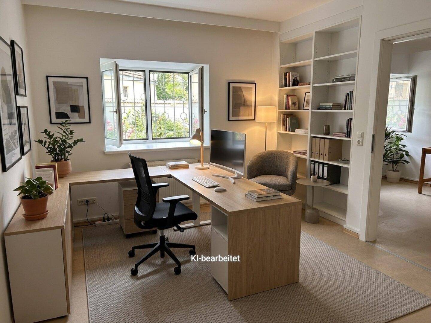 Gemütliches Büro mit großem Eckschreibtisch, integrierten Regalen und einem Fenster mit Blick nach draußen, hell.