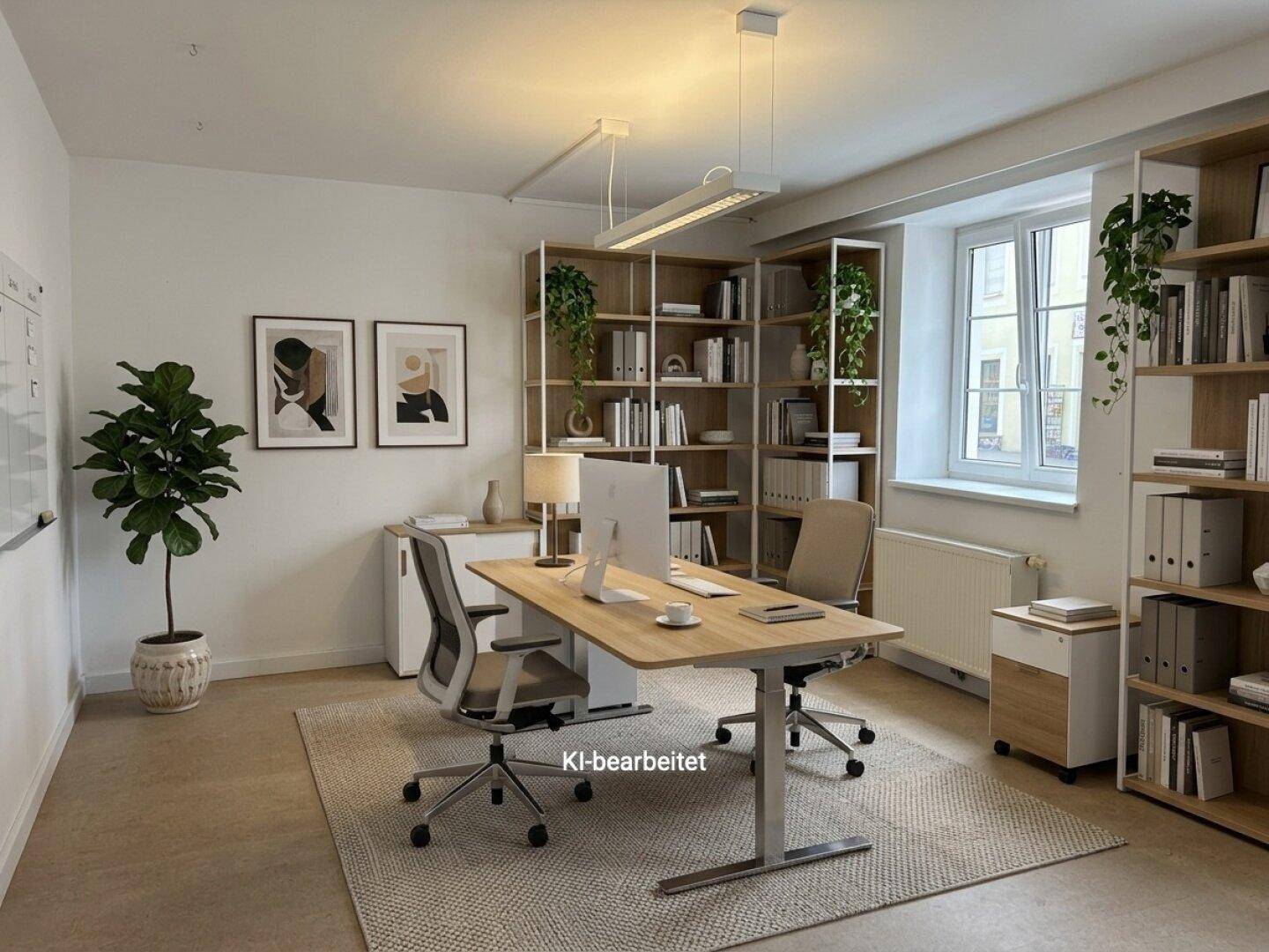 Modernes Büro mit zwei Arbeitsplätzen, Regalsystemen und viel Tageslicht durch die großen Fenster, einladend gestaltet.