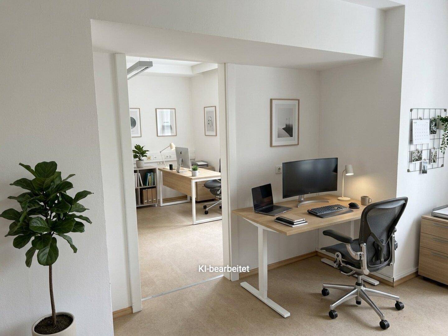 Blick durch einen offenen Durchgang in ein weiteres, helles Büro mit mehreren modernen Arbeitsplätzen und Pflanzen.