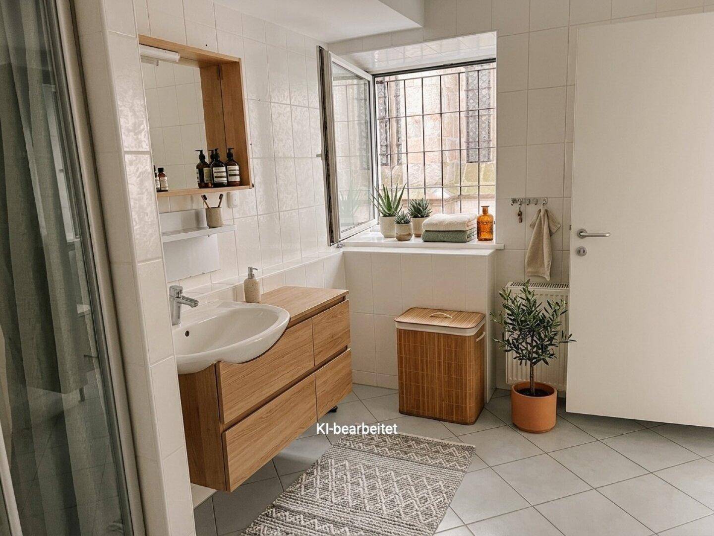 Helles Badezimmer mit Holzwaschtisch, Spiegel und einem Fenster, das viel Tageslicht hereinlässt, modern gefliest.