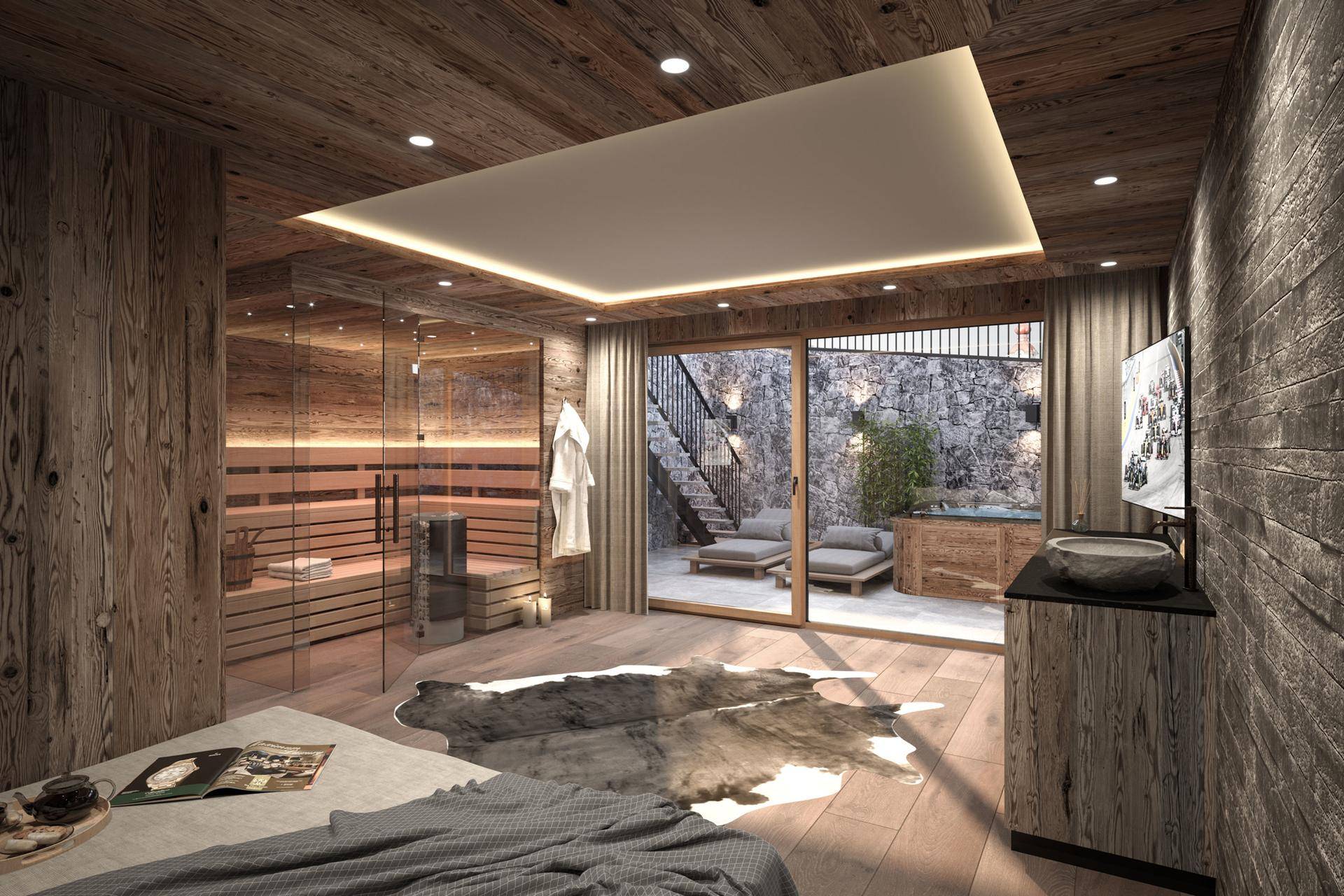 Exklusiver Wellnessbereich mit Sauna, Ruhezone und Zugang zu einem Außenbereich mit Whirlpool.