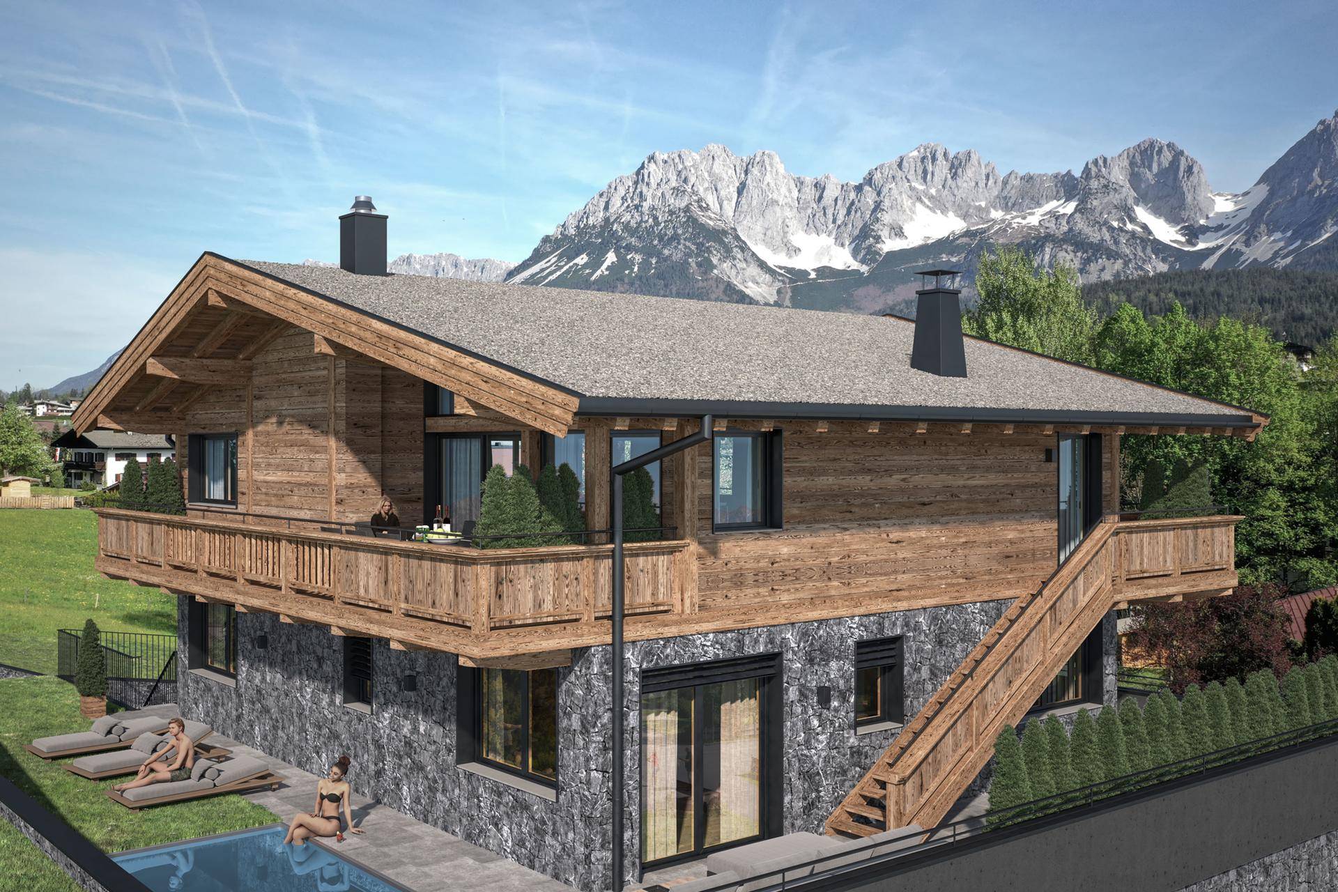 Rendering des Chalets mit Außenpool, Sonnenliegen und Zugang zum Balkon, umgeben von alpiner Landschaft.