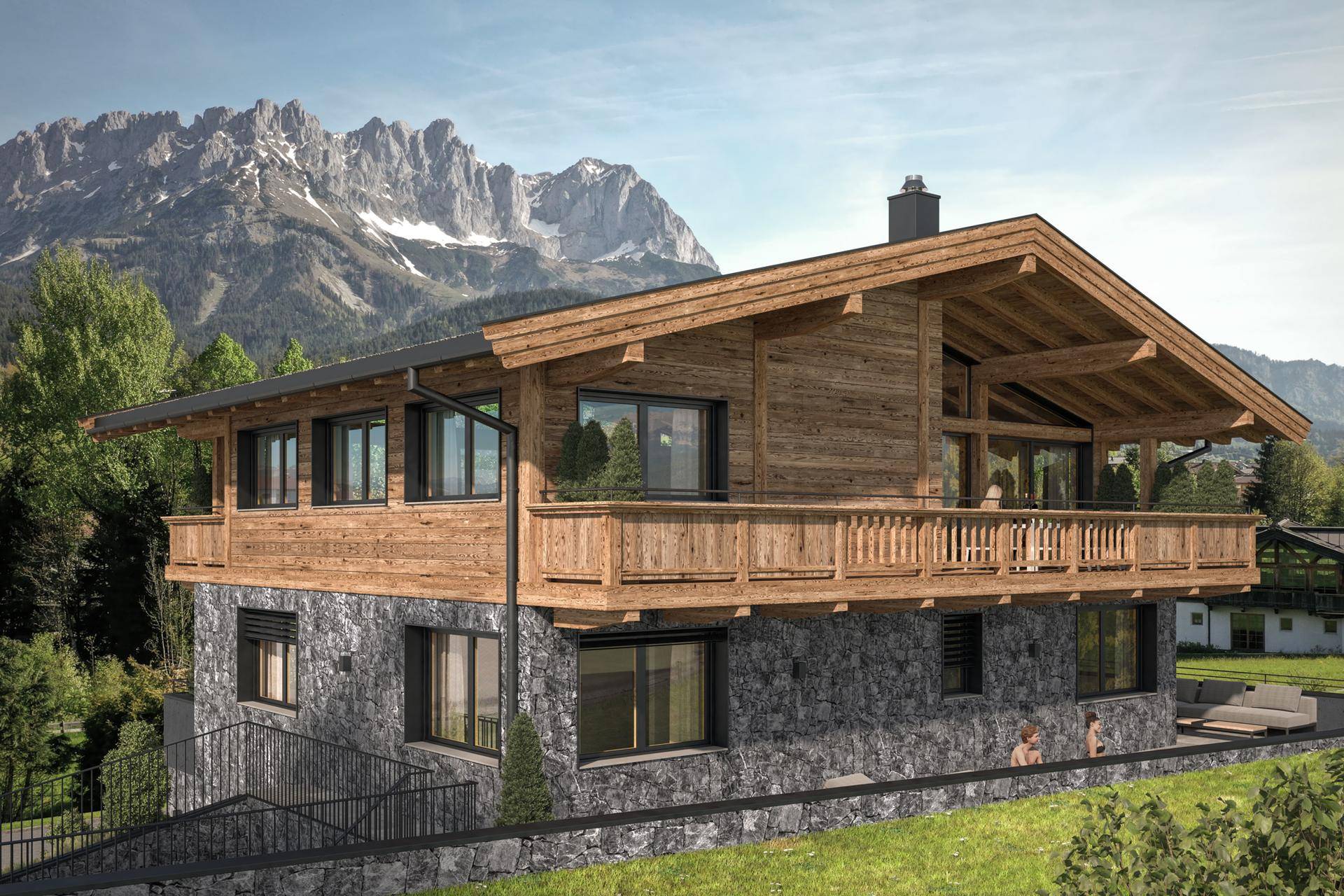 Rendering der Seitenansicht des Chalets mit großem Holzbalkon und beeindruckendem Bergblick.