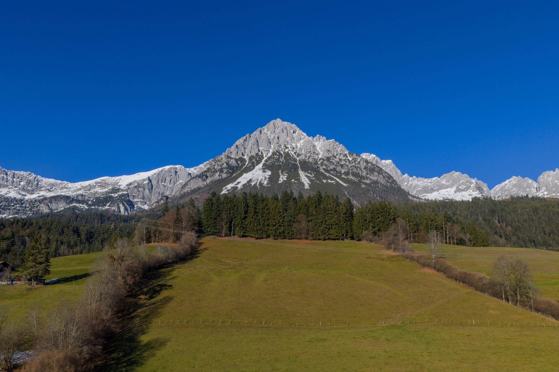 Majestätische schneebedeckte Berge ragen über einem Wald und einer weiten grünen Wiese empor.