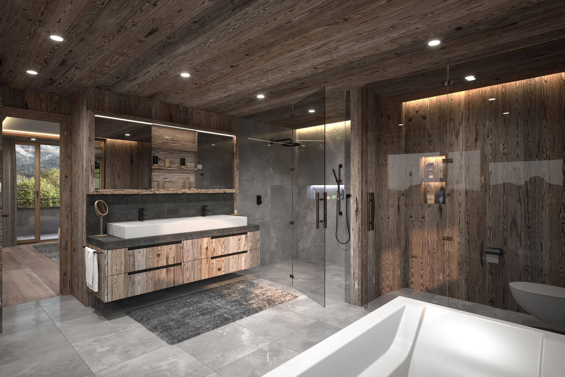 Modernes Badezimmer mit Holzwänden, Doppelwaschbecken, begehbarer Dusche und Badewanne in luxuriösem Design.
