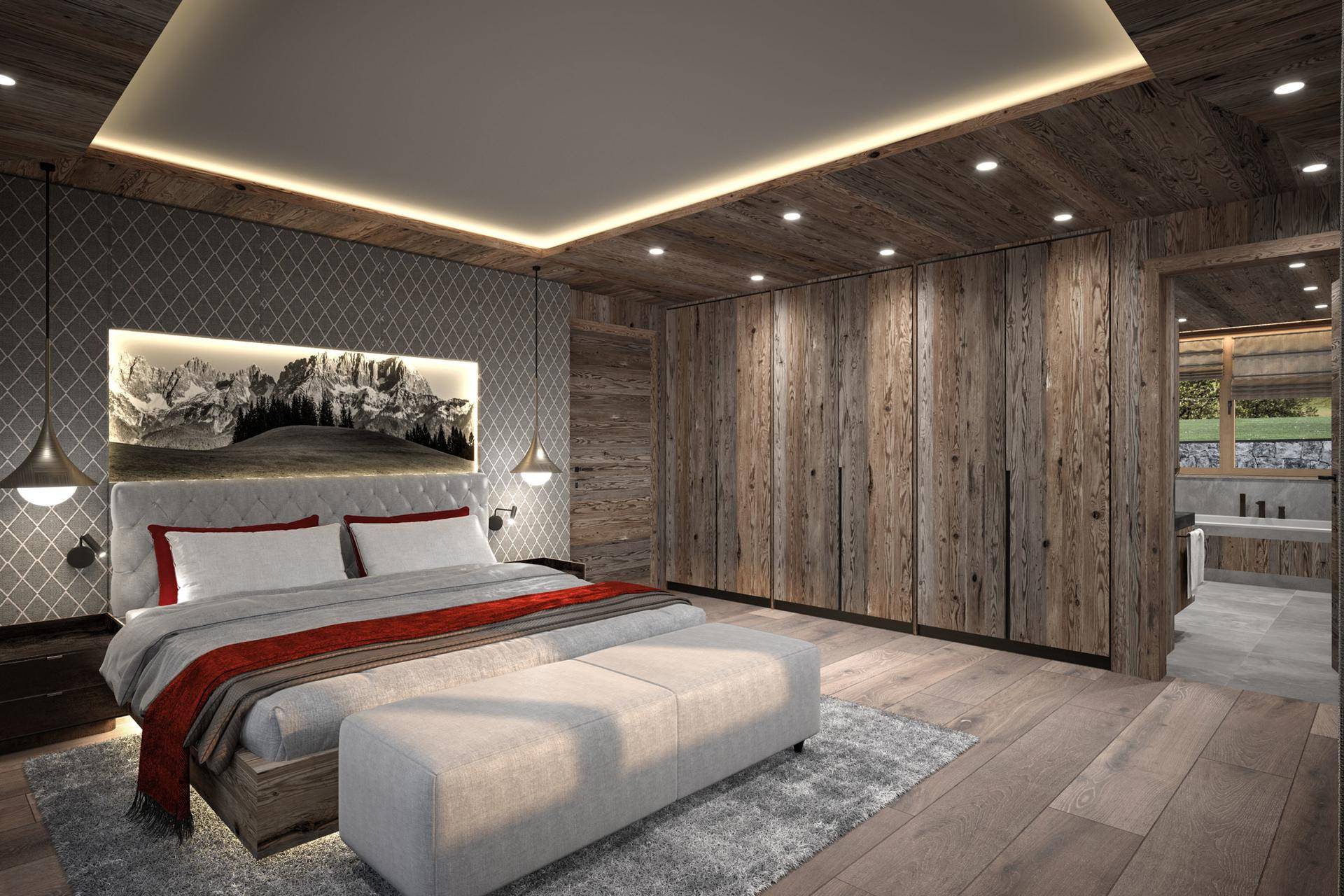 Luxuriöses Schlafzimmer mit Holzwänden, großem Bett, Einbauschränken und direktem Zugang zum Badezimmer.