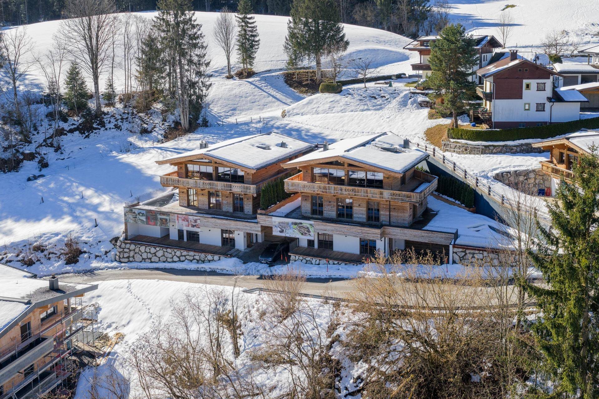 Zwei moderne Holzchalets in einer idyllischen, verschneiten Berglandschaft.