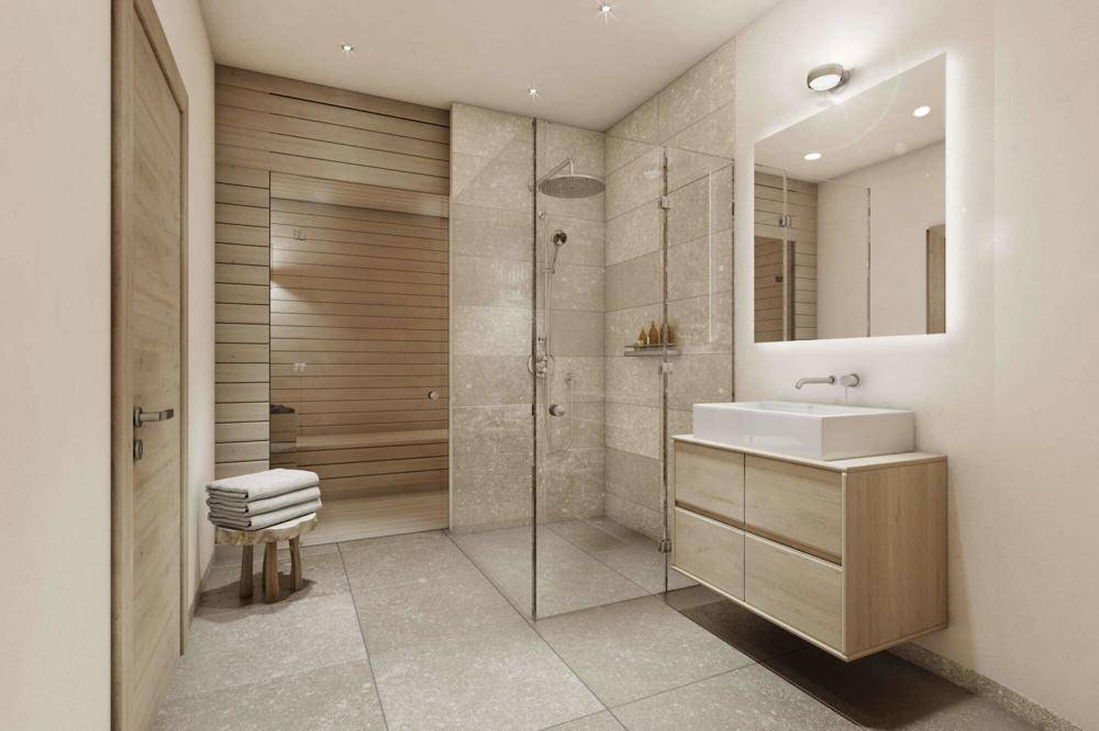 Modernes Badezimmer mit begehbarer Dusche, großformatigen Fliesen und integrierter Sauna.