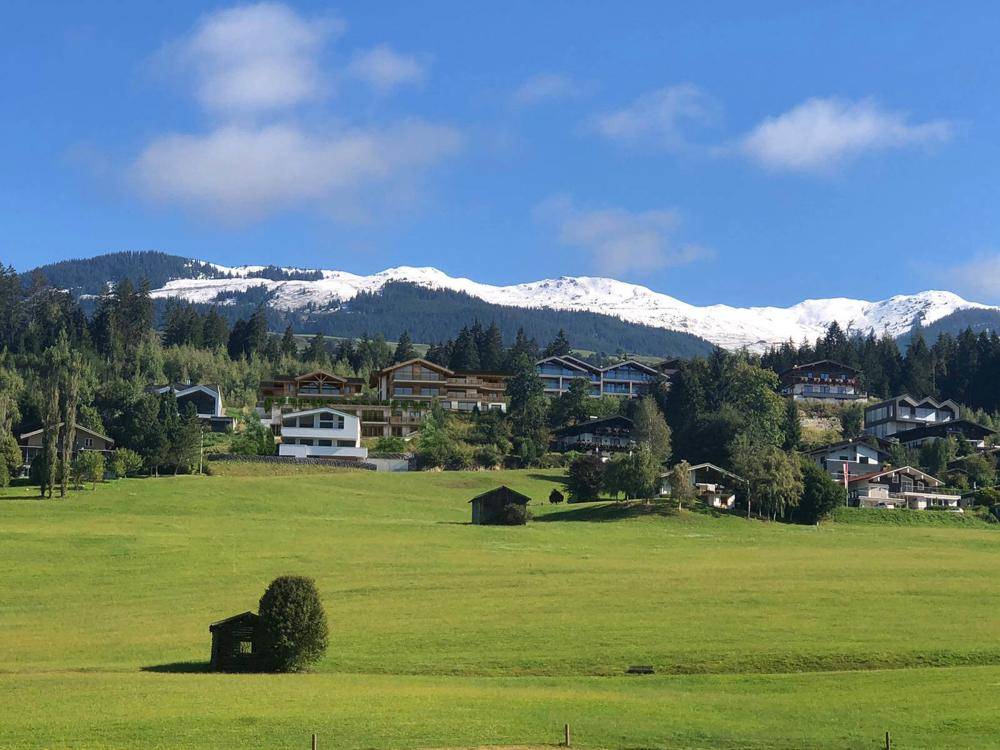 Weitläufige grüne Landschaft mit verstreuten Häusern und schneebedeckten Bergen im Hintergrund unter blauem Himmel.