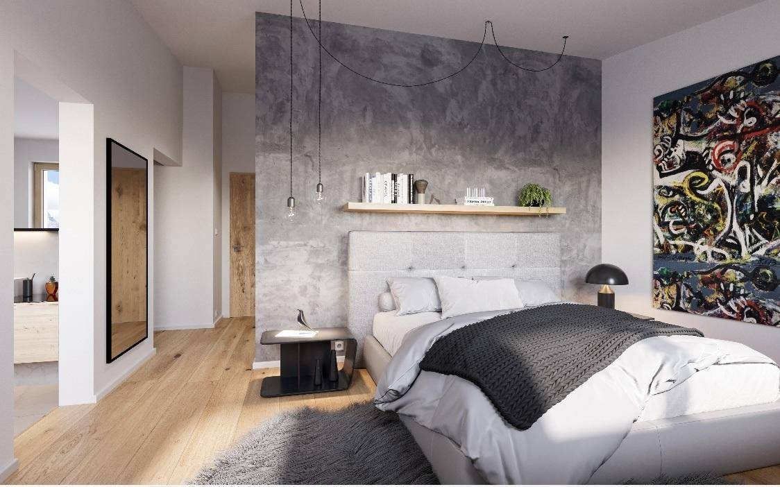 Modernes Schlafzimmer mit Holzboden, Akzentwand und stilvoller Einrichtung für hohen Komfort.