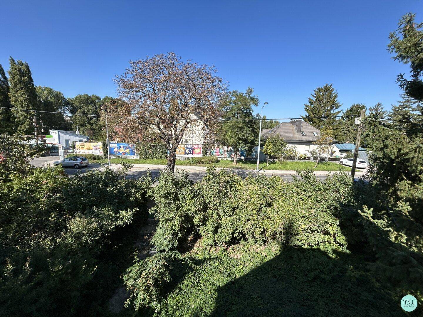 Blick von der Immobilie auf die Straße mit Bäumen und umliegenden Häusern unter blauem Himmel.