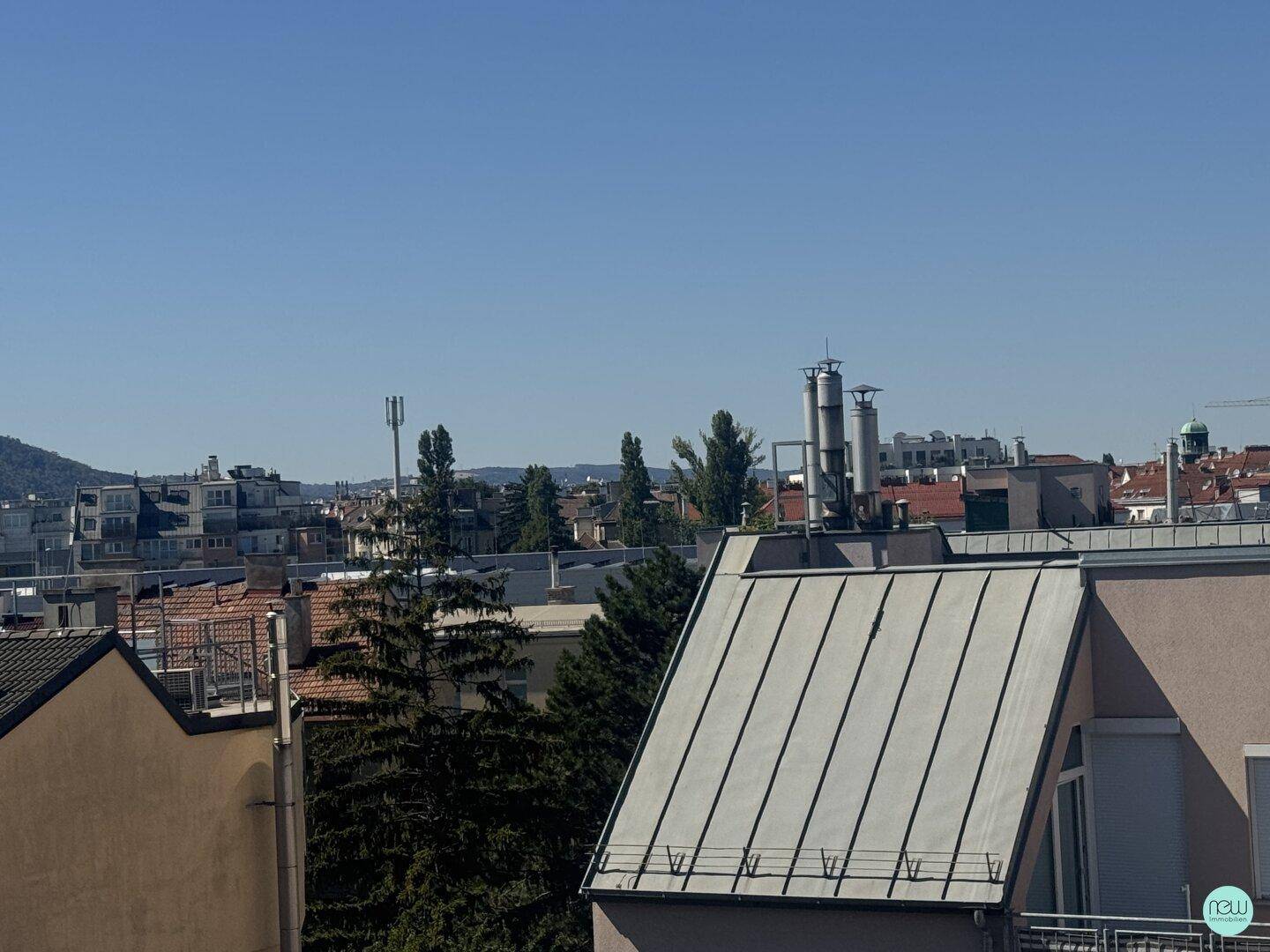 Weiter Blick über die Dächer der Stadt mit grünen Bäumen und Hügeln am Horizont unter blauem Himmel.
