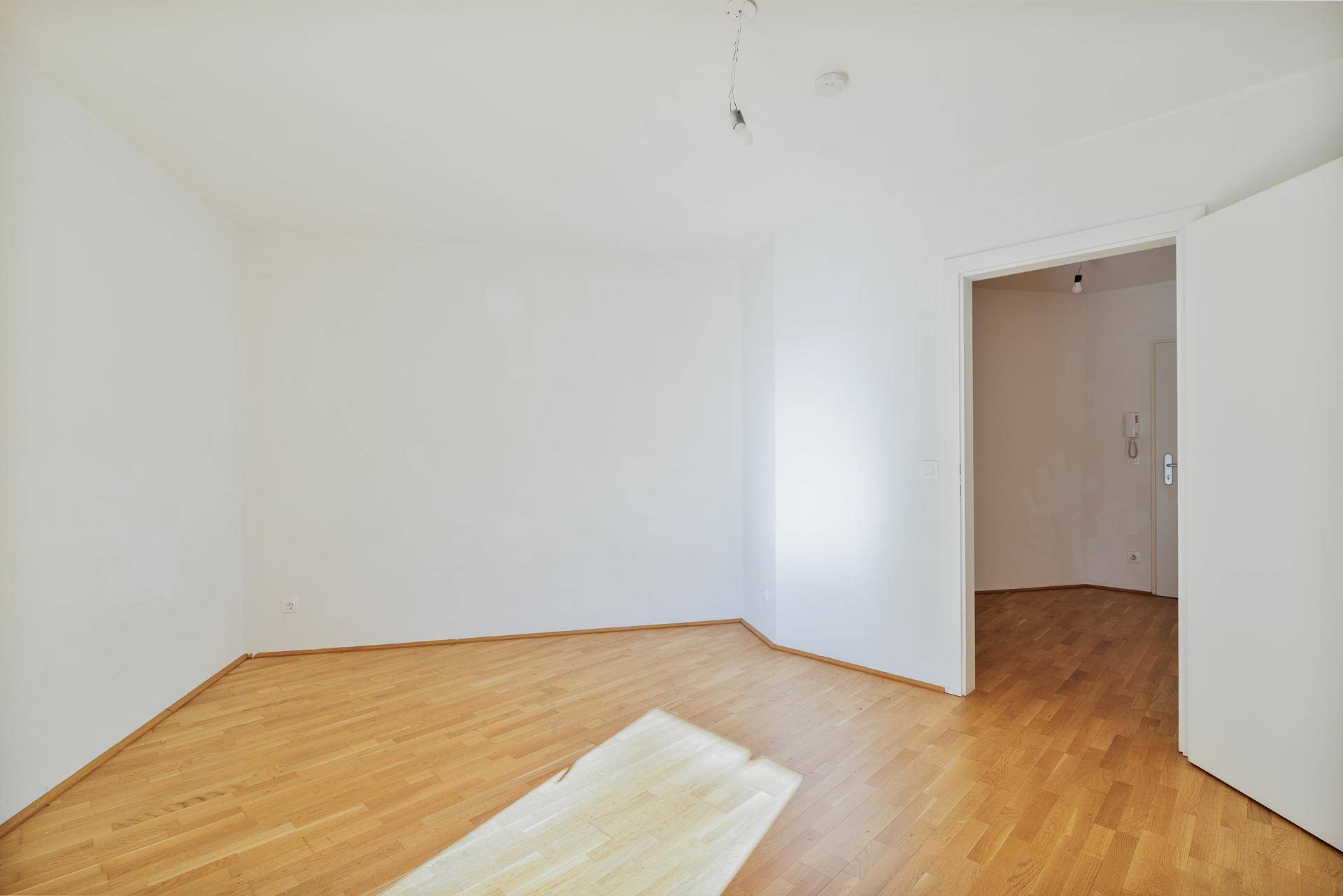 Leerer Wohnraum mit Parkettboden und weiß gestrichenen Wänden, bereit zum Einzug.