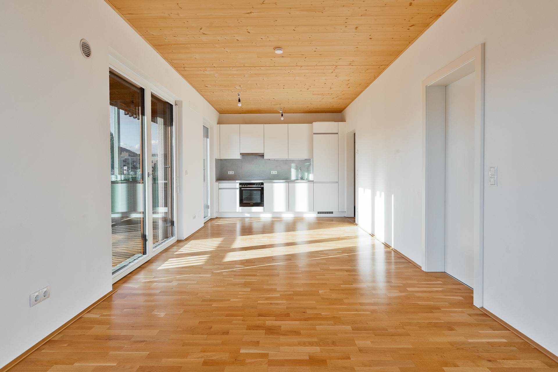 Offener Wohnbereich mit integrierter Küche, Holzboden und viel natürlichem Licht.