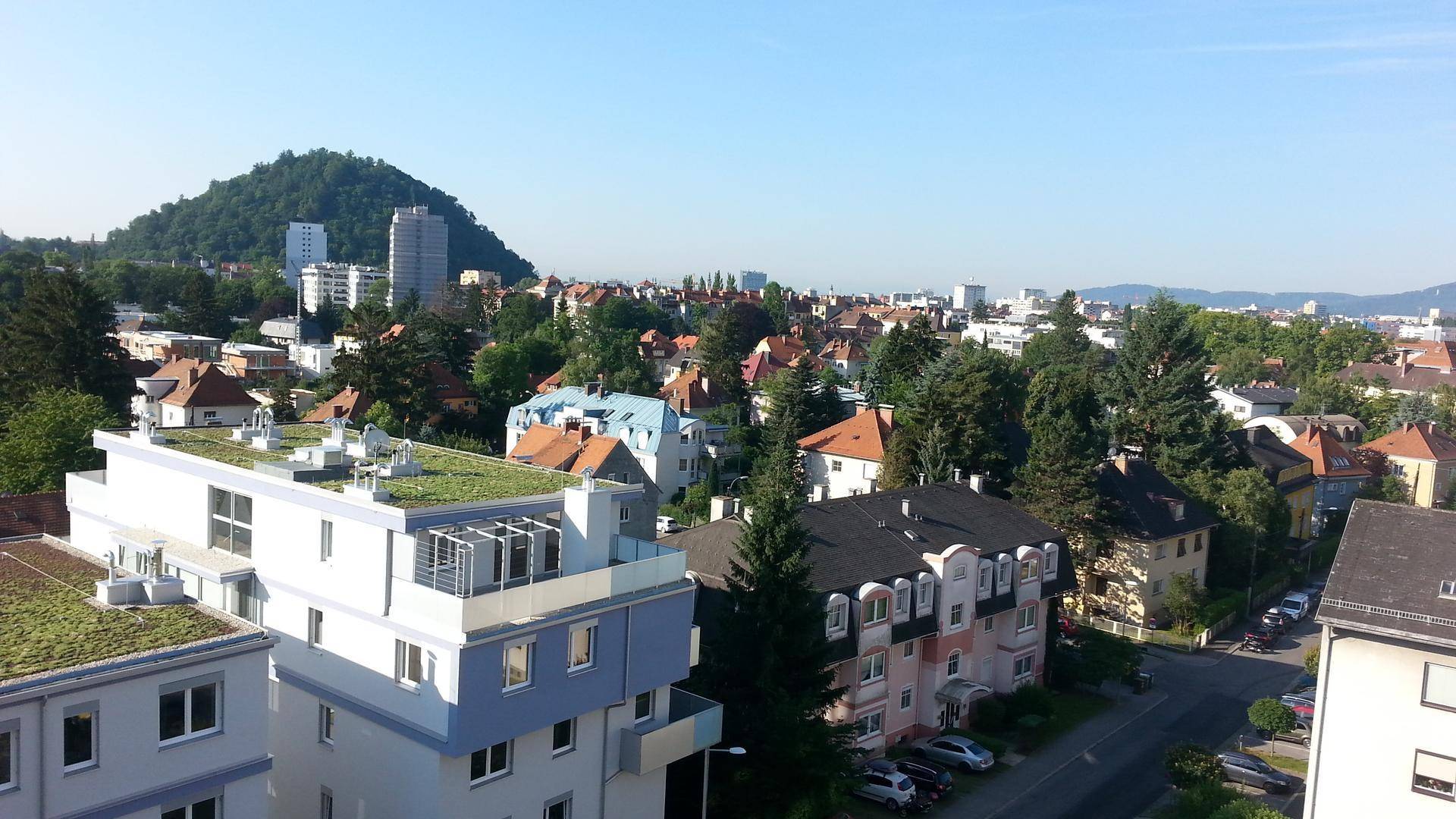 Klarer Tagesblick über die Stadt mit grünen Dächern und einem bewaldeten Hügel unter blauem Himmel.