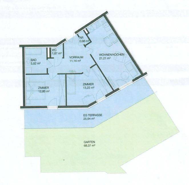 Grundriss der Wohnung mit Wohn-/Küchenbereich, Zimmern, Bad, WC und Terrasse.