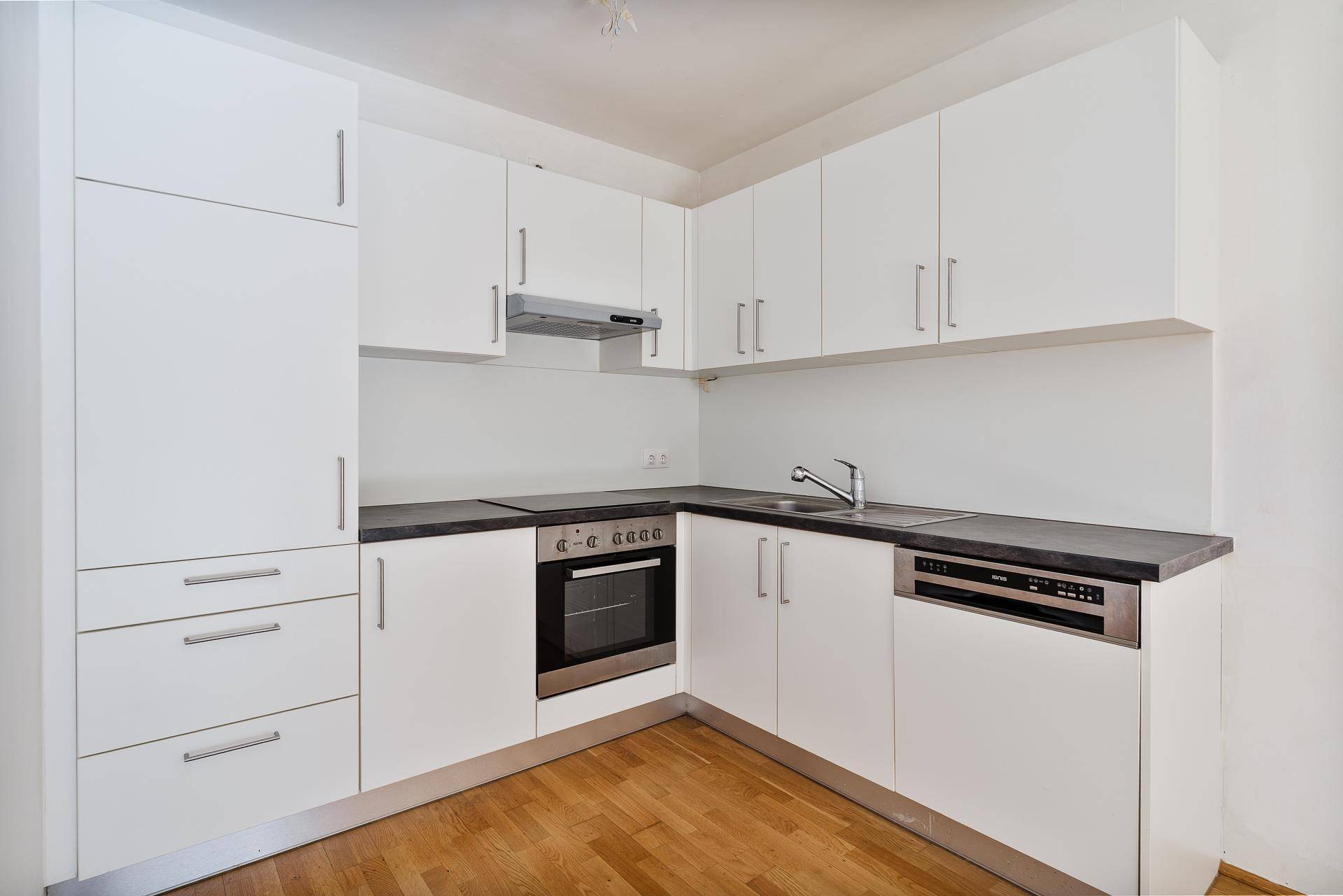 Moderne Küchenzeile mit weißen Schränken, Spülmaschine und integriertem Backofen.