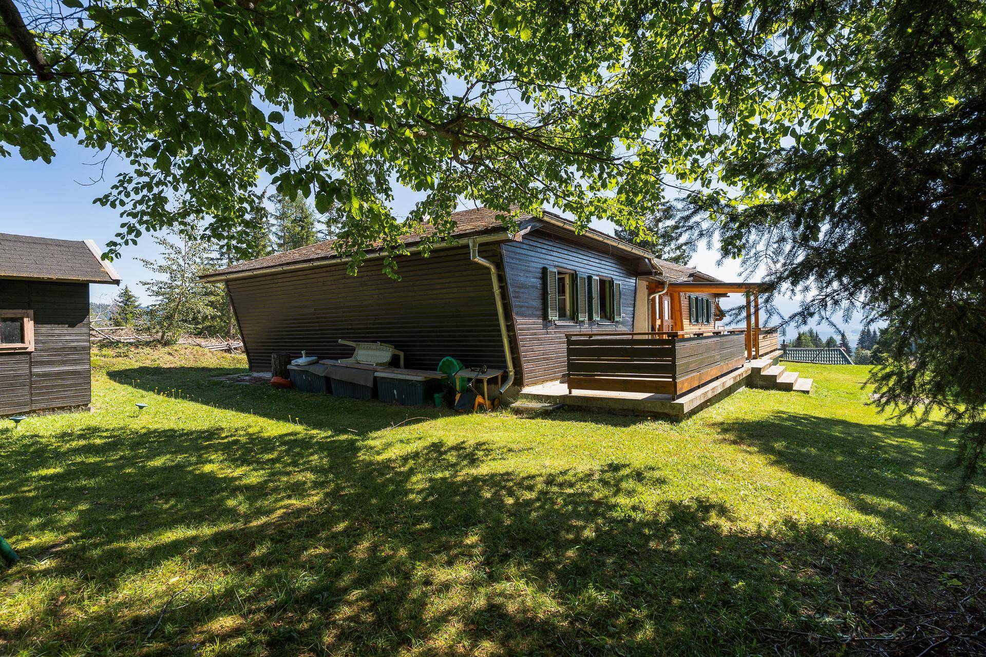 Seitenansicht des Hauses mit gepflegtem Rasen und schattenspendenden Bäumen im Gartenbereich.