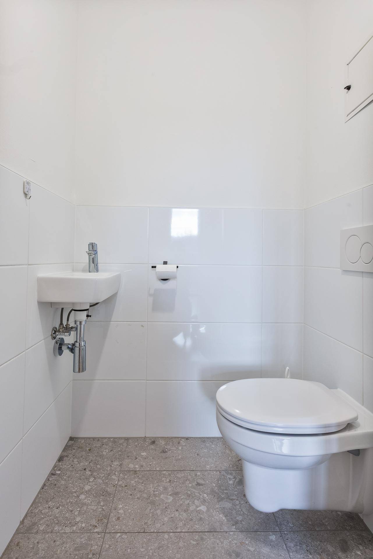 Separates Gäste-WC mit weißen Fliesen, wandhängender Toilette und kleinem Waschbecken.