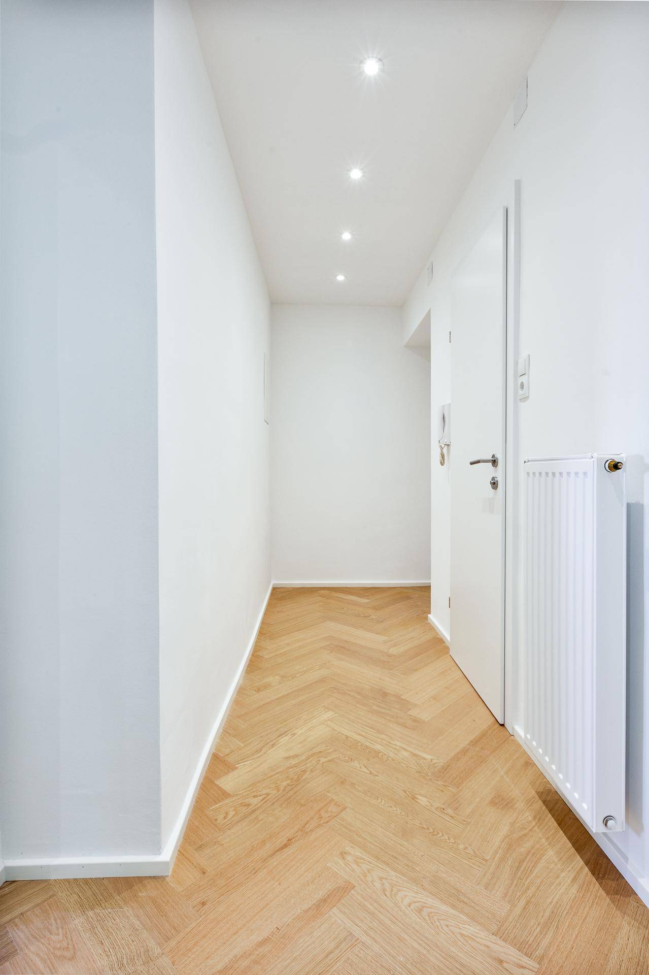 Heller Flur mit Fischgrätparkettboden, weißen Wänden und moderner Deckenbeleuchtung.