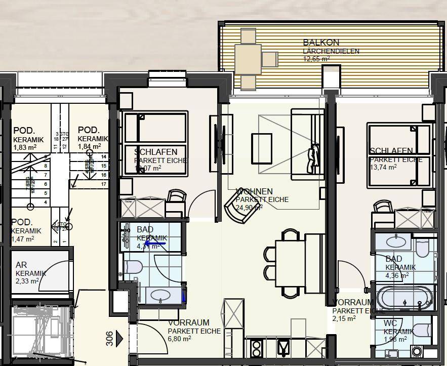 Grundriss einer Wohnung mit zwei Schlafzimmern, zwei Bädern und Balkon.