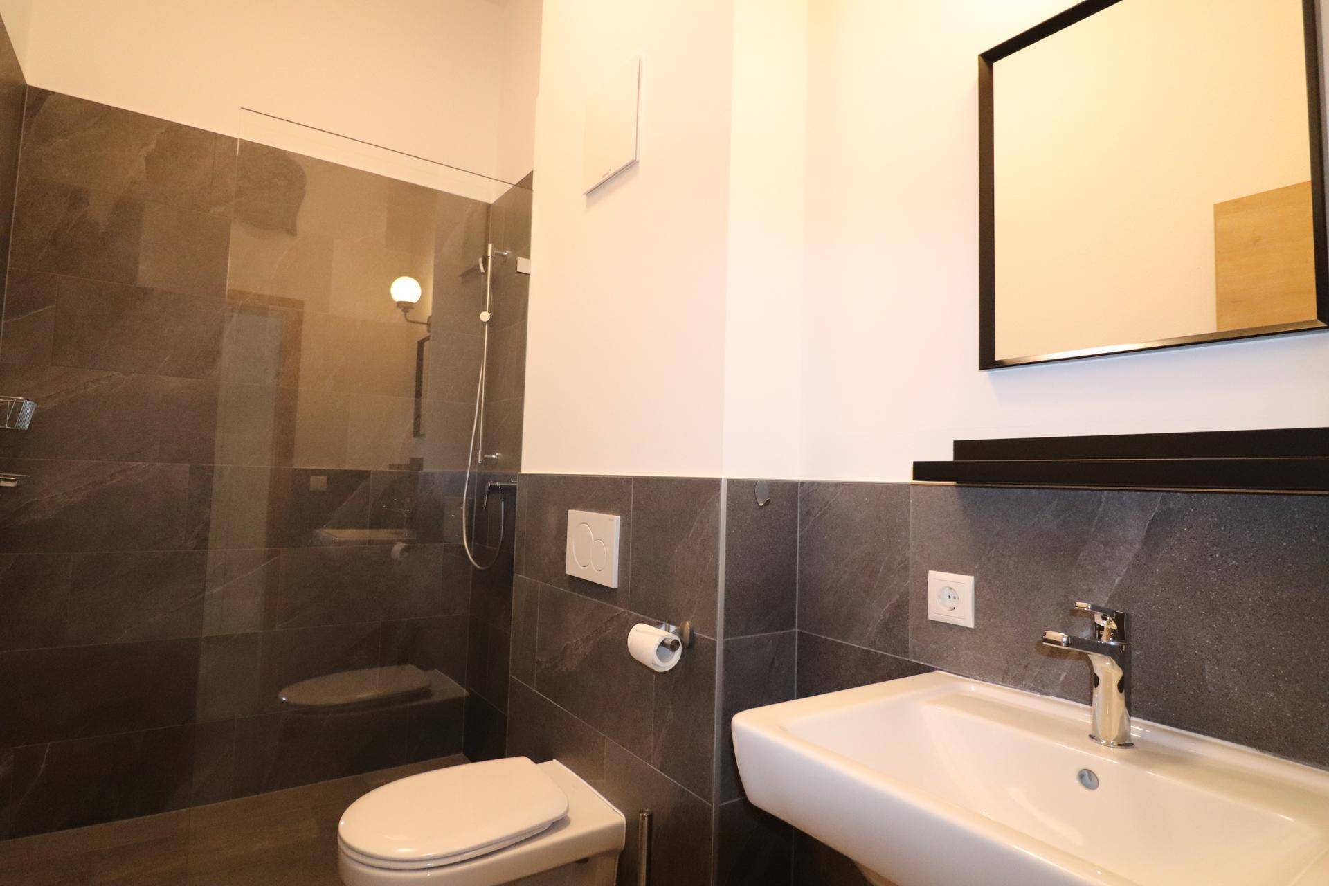 Modernes Badezimmer mit begehbarer Dusche, Wand-WC und dunklen Fliesen.