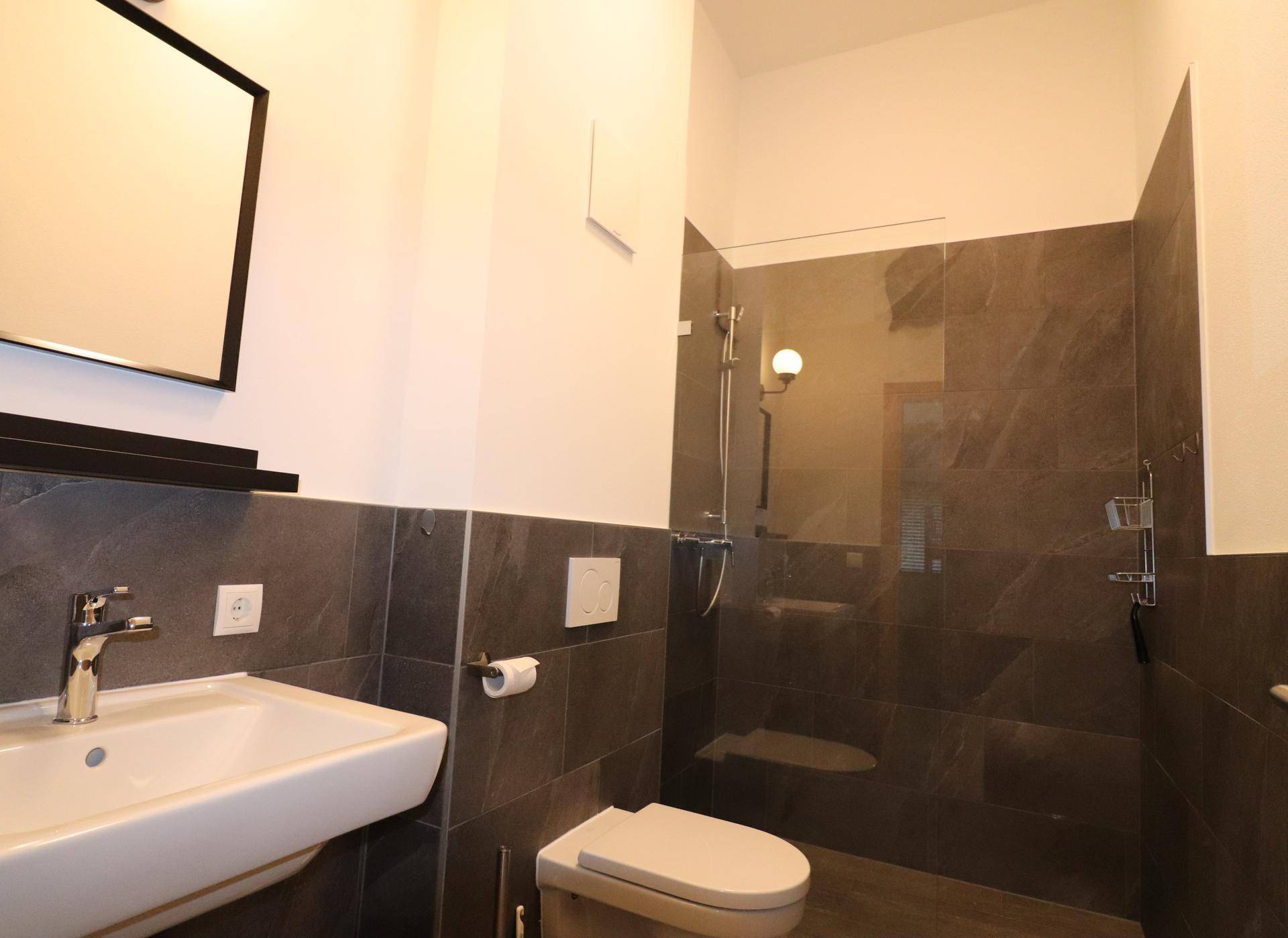 Modernes Badezimmer mit begehbarer Dusche, Wand-WC und dunklen Fliesen.