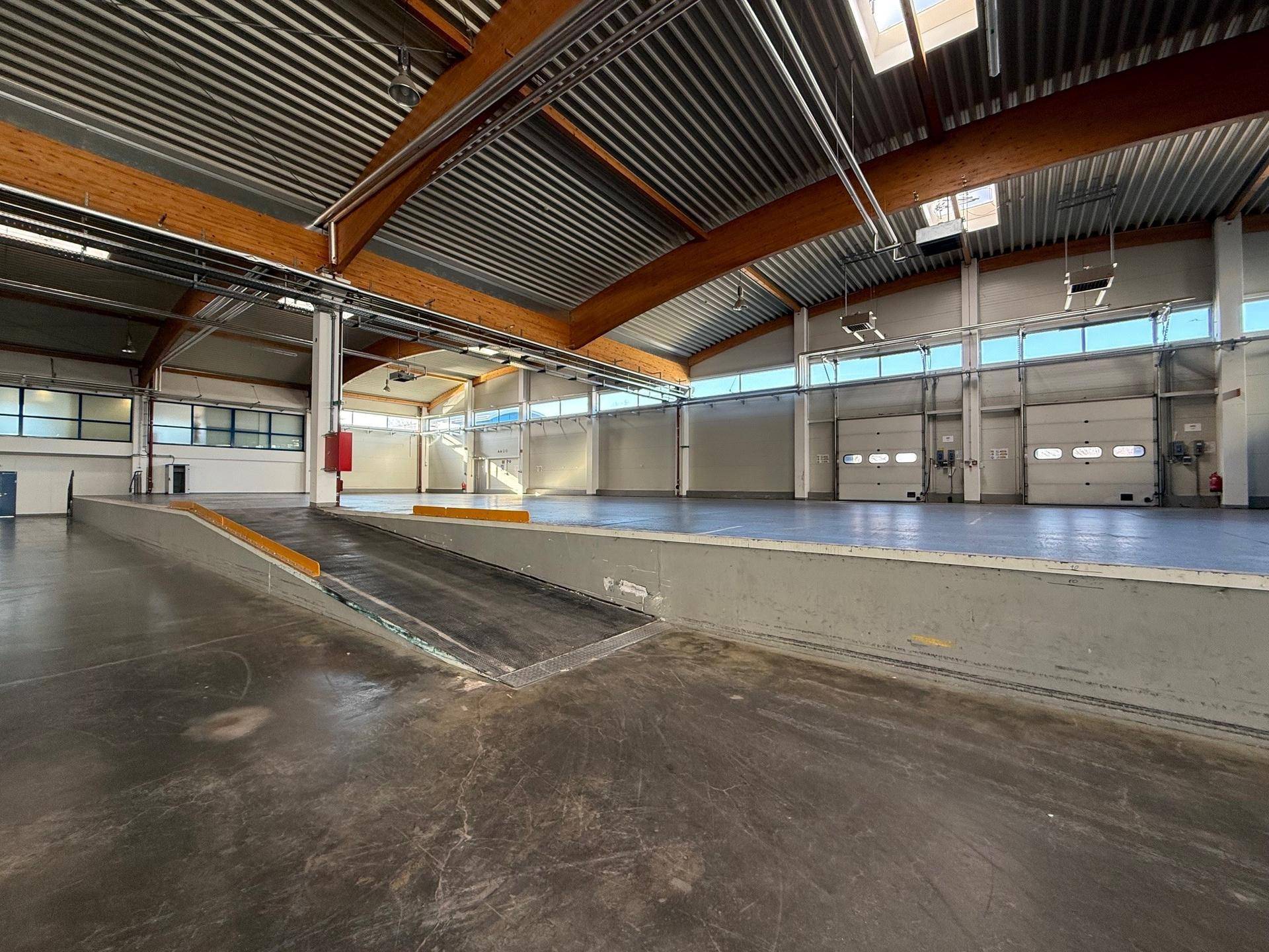 Geräumige Lagerhalle mit Laderampe, hohen Decken, Holzträgern und Rolltoren für einfachen Zugang.
