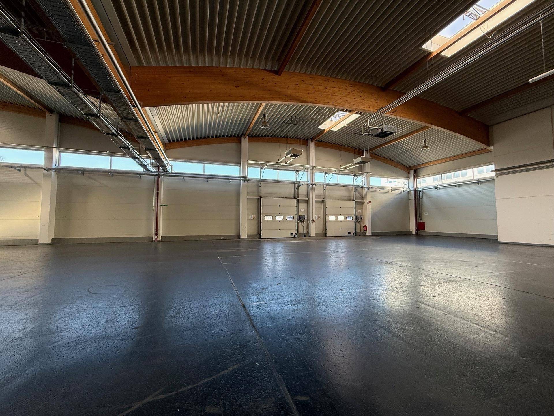 Leere Lagerhalle mit mehreren Rolltoren, hohen Decken und Oberlichtern, ideal für Logistik und Lagerung.