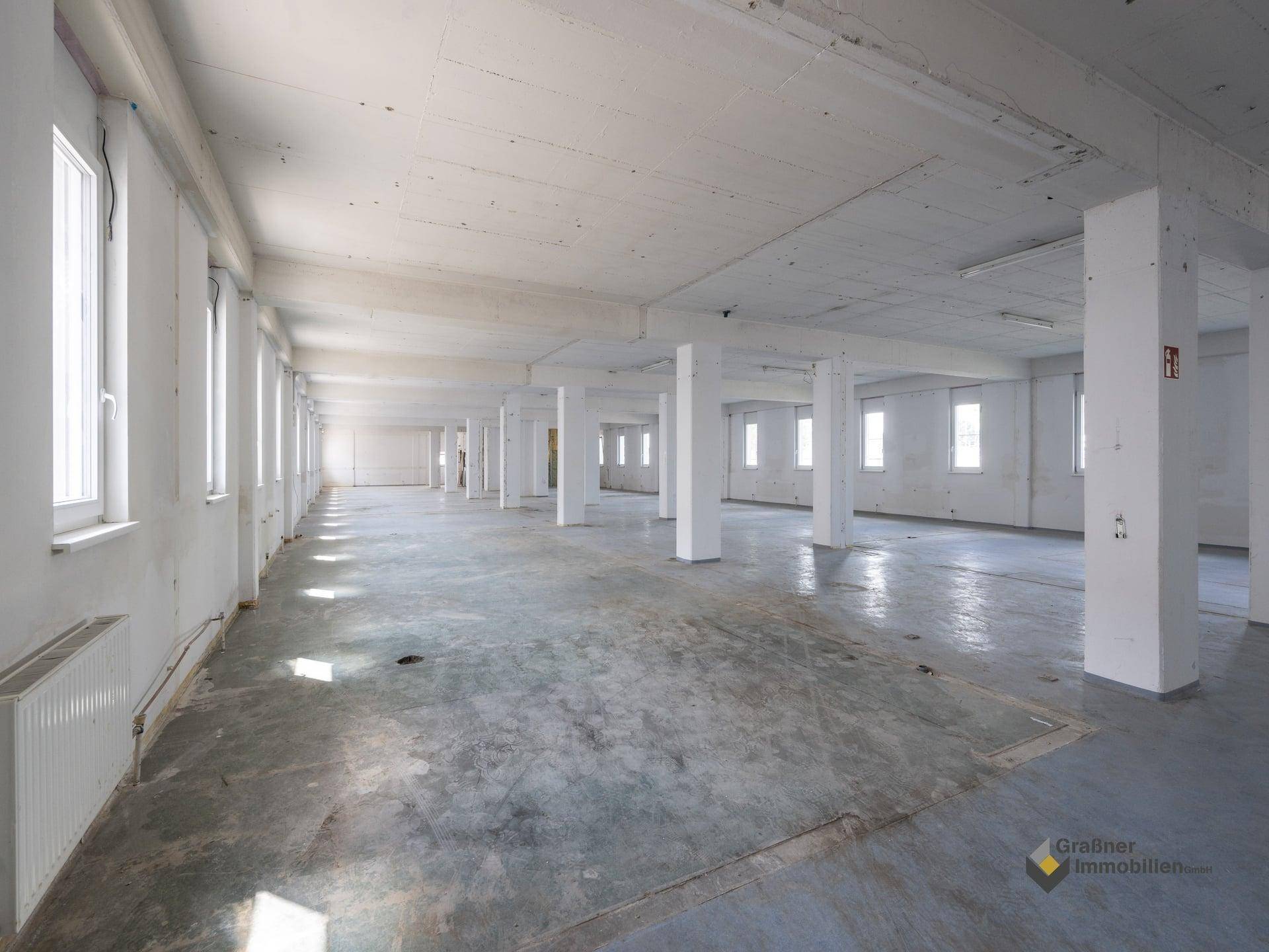 Große, offene Industriehalle oder Bürofläche mit vielen Fenstern und tragenden Säulen.