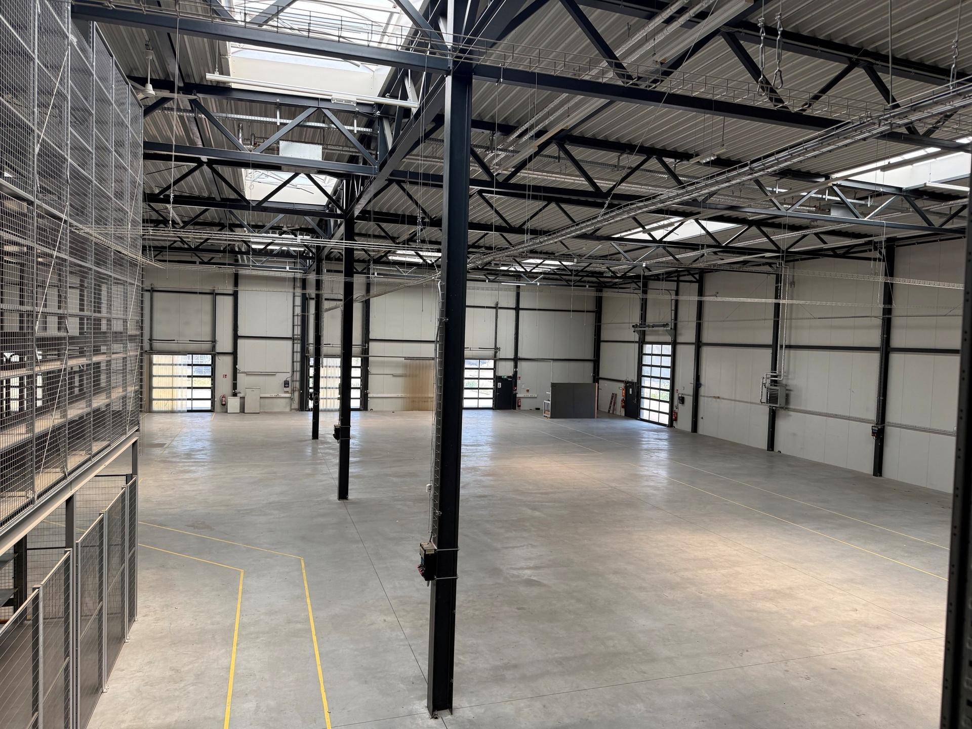 Weitläufige Lagerhalle mit hohen Decken, Betonboden und sichtbaren Metallregalen an der Seite.