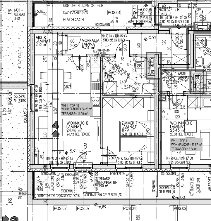 Detaillierter Grundriss einer Wohnung mit offener Wohnküche, Zimmer und Terrasse.