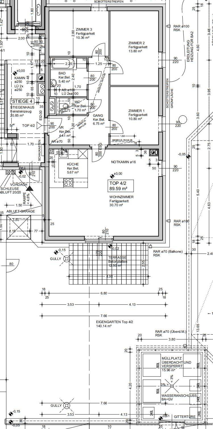 Grundriss einer Wohnung mit drei Zimmern, Bad, Küche, Wohnzimmer, Terrasse und eigenem Gartenbereich.