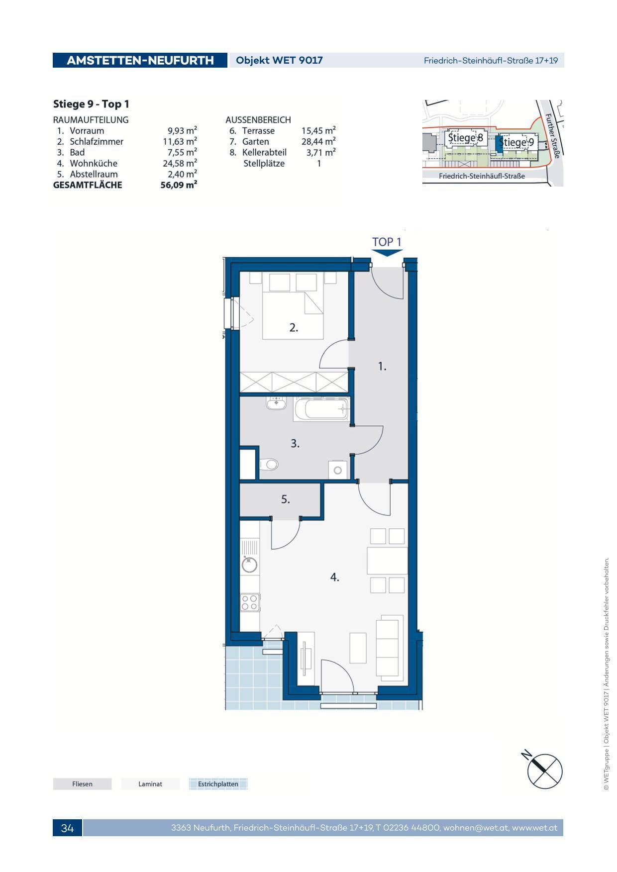 Grundriss einer Wohnung mit Vorraum, Schlafzimmer, Bad, Wohnküche und Abstellraum.