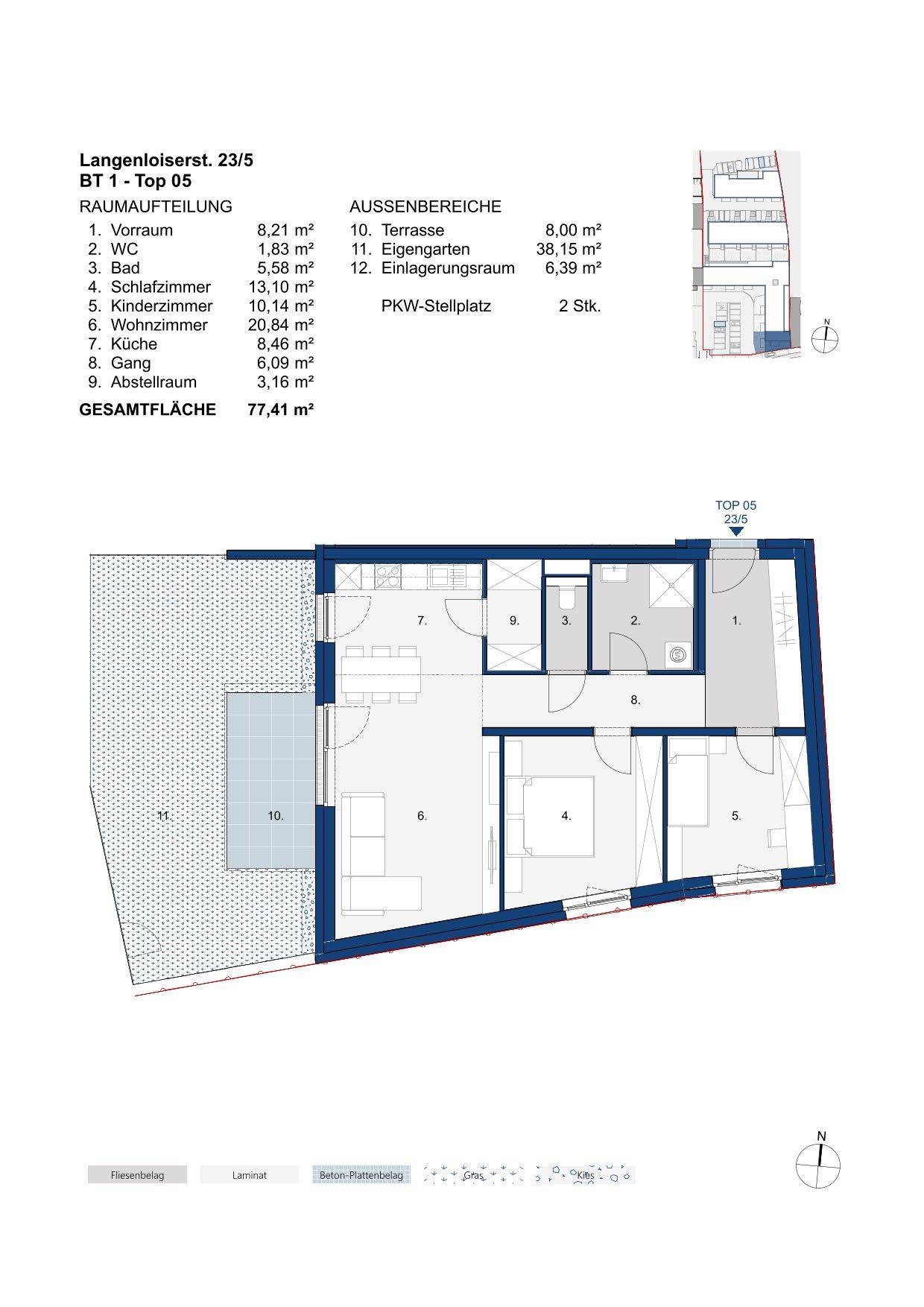 Grundriss einer Wohnung mit Terrasse und eigenem Gartenbereich, inklusive Raumaufteilung und Flächenangaben.