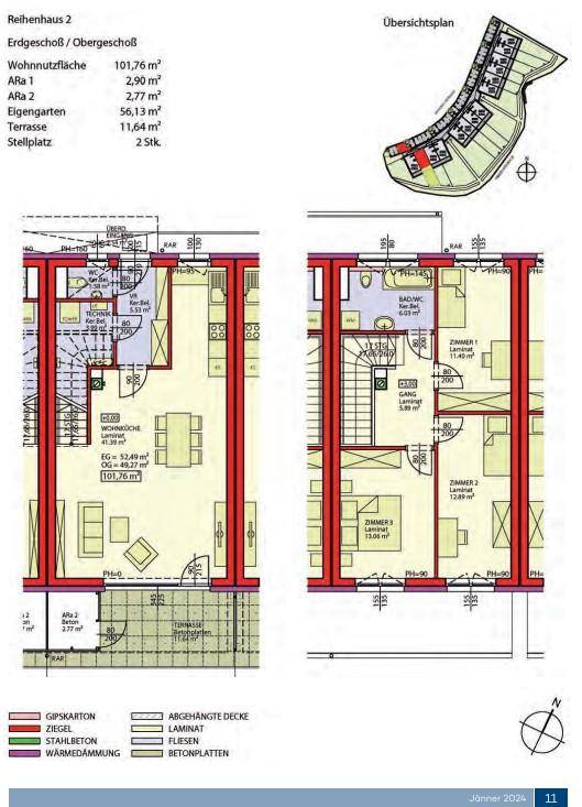 Detaillierter Grundriss eines Reihenhauses mit Erd- und Obergeschoss sowie Flächenangaben.