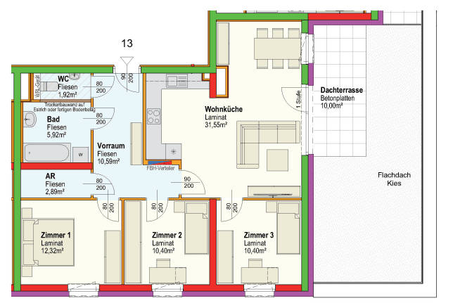 Grundriss einer Wohnung mit drei Zimmern, Wohnküche und großer Dachterrasse.