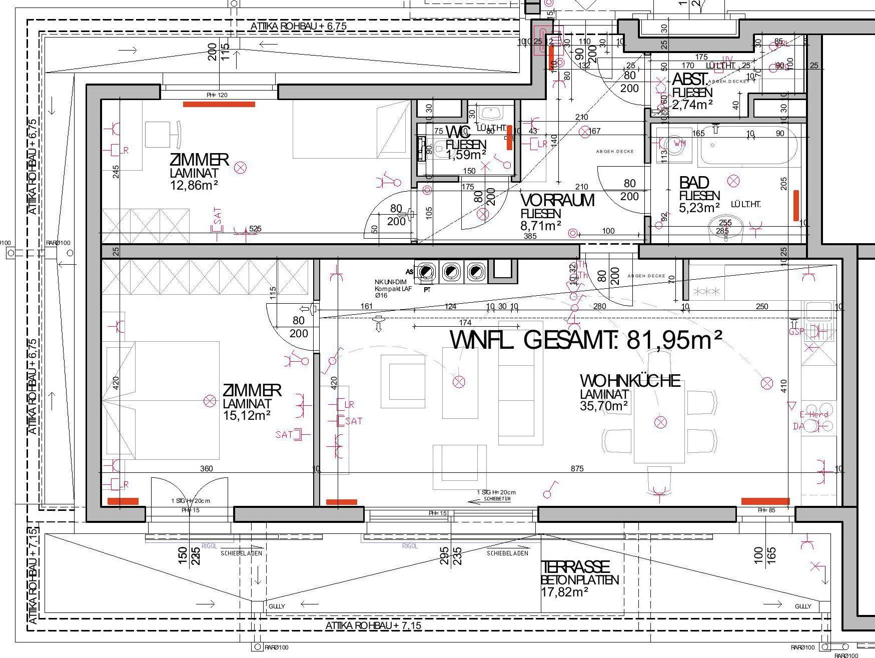 Detaillierter Grundriss einer Wohnung mit Wohnküche, zwei Zimmern, Bad und großer Terrasse.