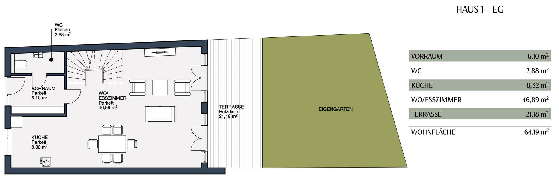 Grundriss des Erdgeschosses mit offener Küche, Wohn-Essbereich, Terrasse und Garten.