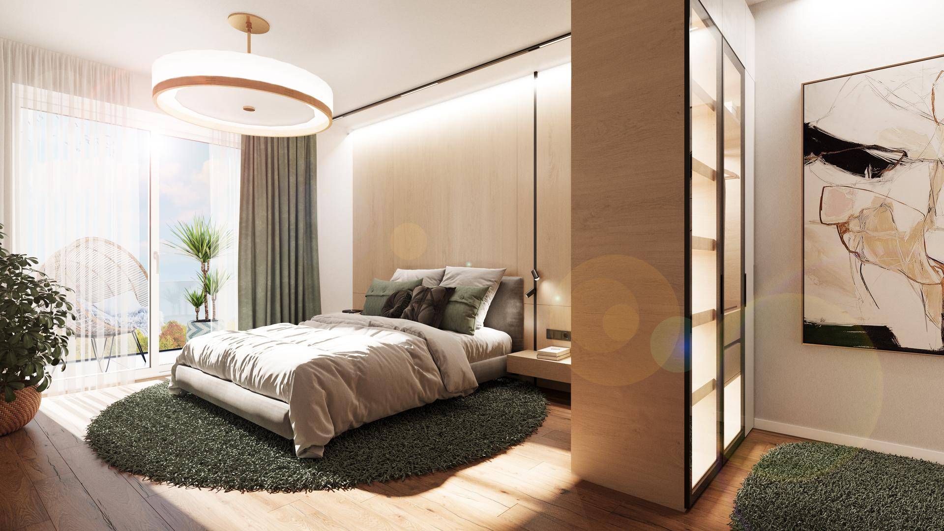 Helles Schlafzimmer mit Holzboden, großem Fenster und modernem Design.