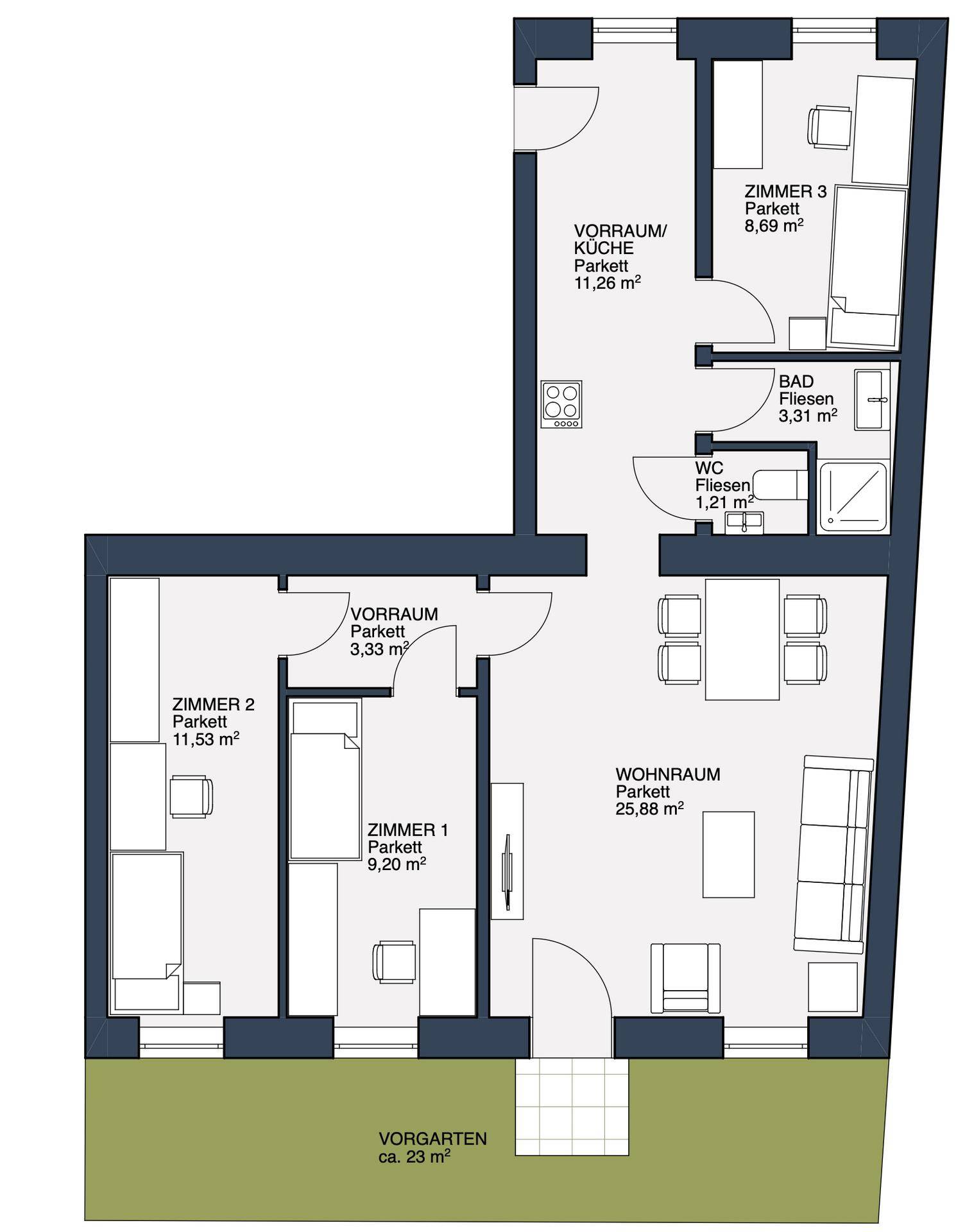 Grundriss einer Wohnung mit drei Zimmern, separater Küche, Bad und WC sowie Vorgarten.
