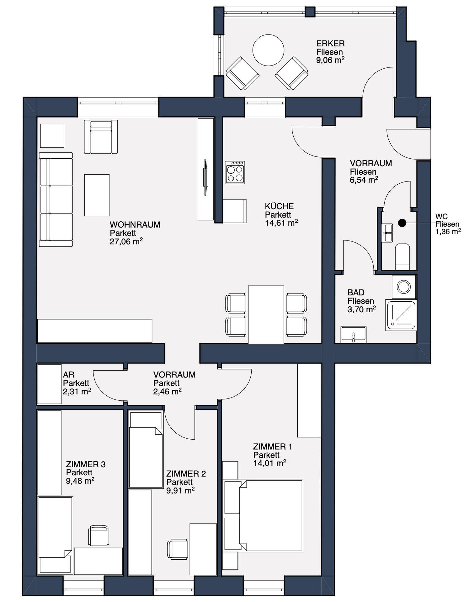 Detaillierter Grundriss einer Wohnung mit drei Zimmern, Küche und Bad.