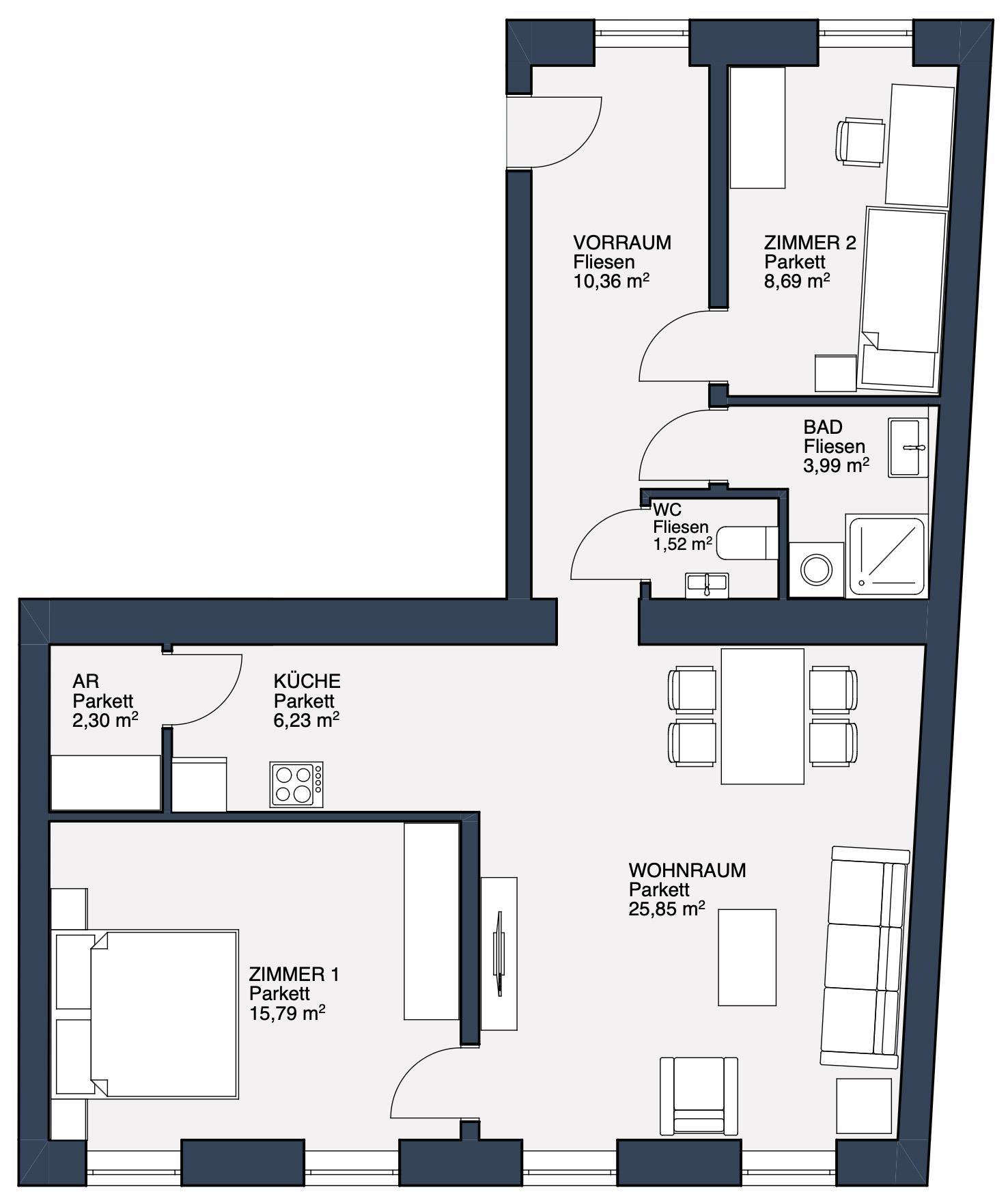 Grundriss einer Wohnung mit zwei Zimmern, Küche, Bad und separatem WC.
