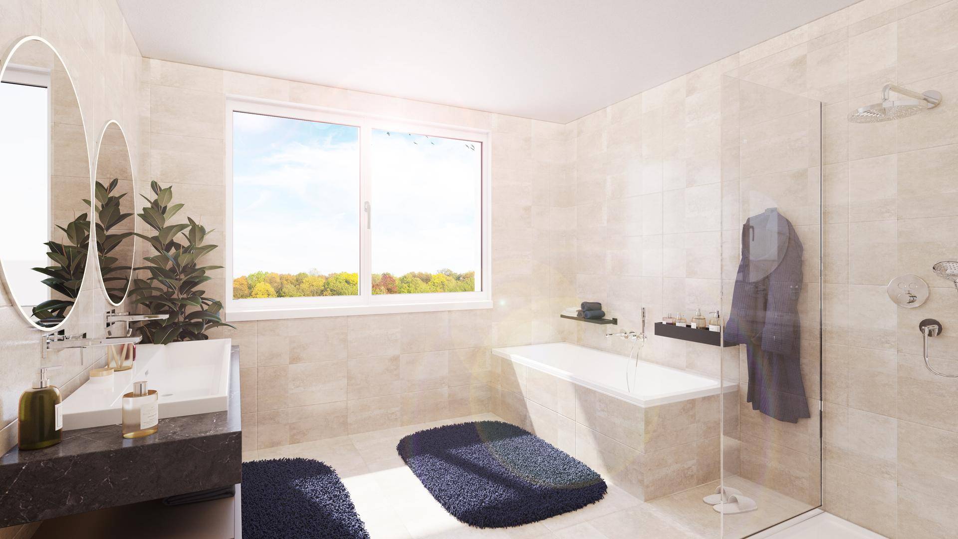 Helles Badezimmer mit Fenster, Badewanne, Dusche und Doppelwaschbecken.