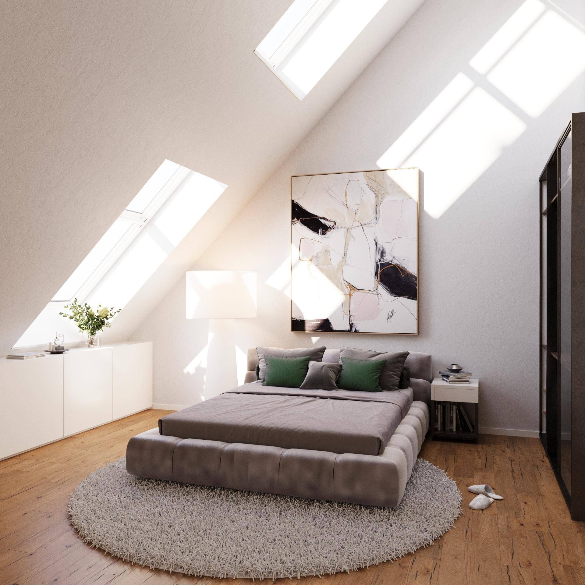 Schlafzimmer im Dachgeschoss mit schrägen Wänden, Dachfenstern und Holzboden.